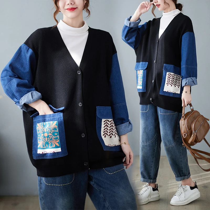 

2022 New Korean Fashion Knitted Cardigan Women Spring Autumn Loose V-Neck Denim Stitching Sweater Jacket Tops Cardigans Female