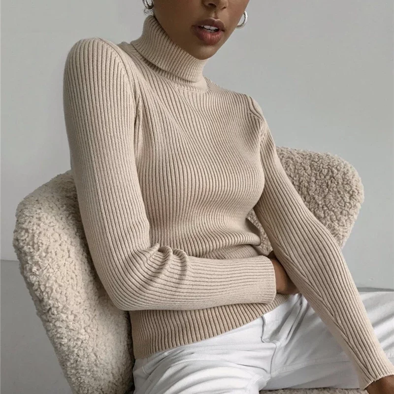 

2021 Autumn Basic Turtleneck Sweaters Thick Warm Pullover Slim Tops Ribbed Knitted Jumper Soft Sweater