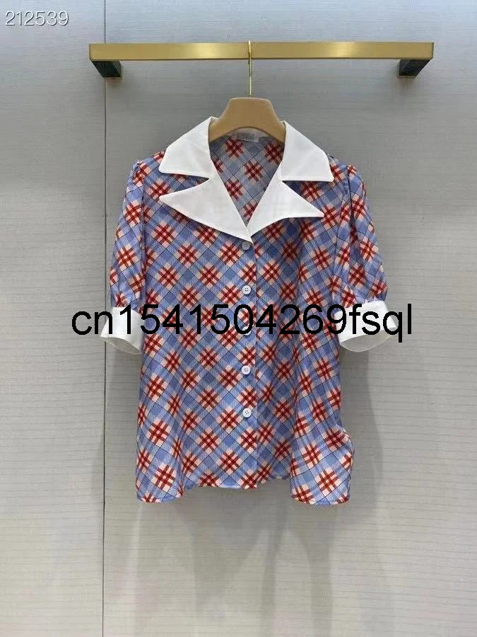 

Fashion Women Silk Blouses 2021 Runway Luxury Brand European Design Short Sleeves Stripes Print Single Breasted Shirts Clothing