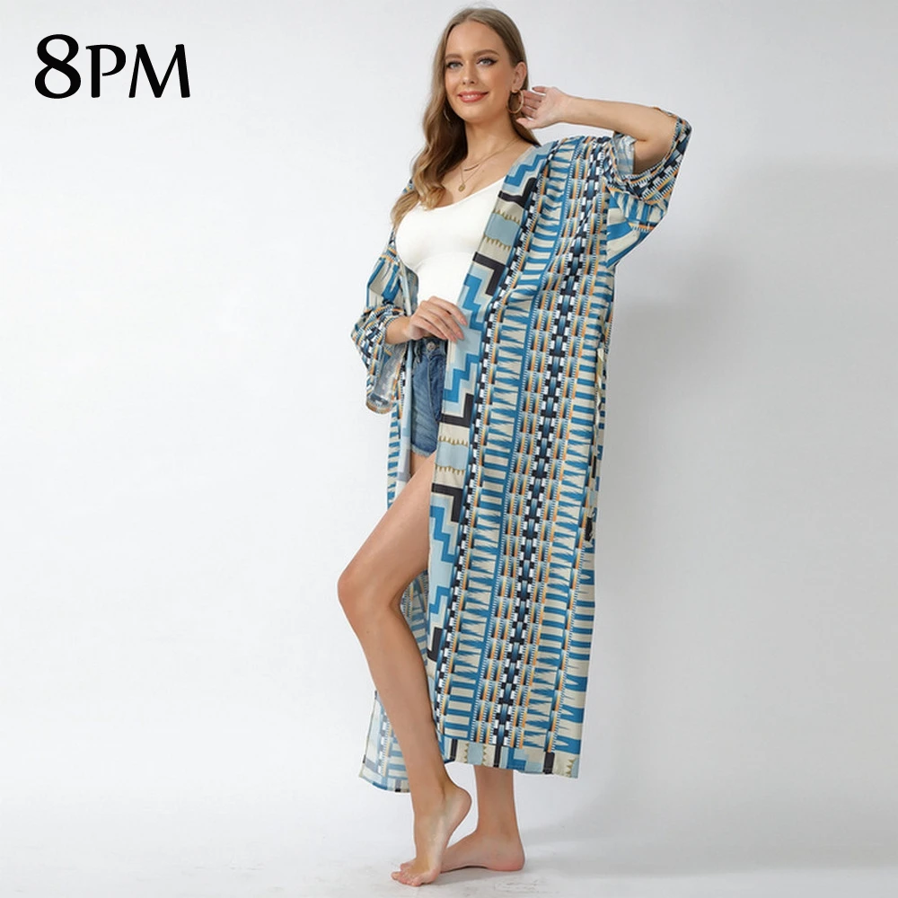 

2021New Cotton Printed Bikini Cover-ups Fashion Sexy Long Beach Dress Elegant Self Belted Kimono Beach Wear Swim Suit ouc1024