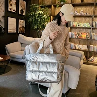 silver large capacity bag shoulder bag women waterproof nylon bags space padded cotton feather down large tote female handbags