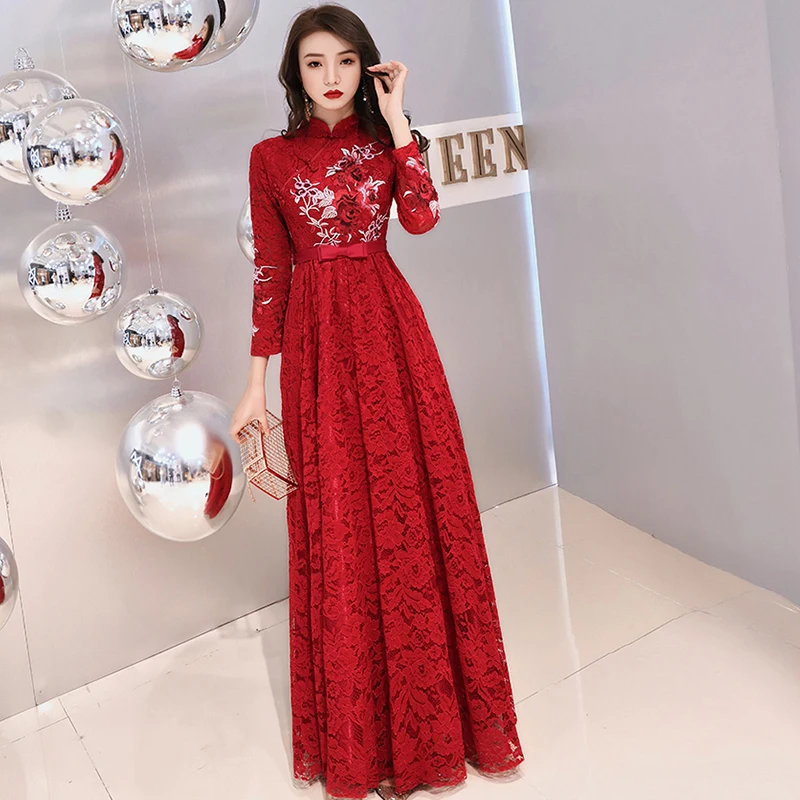 

Вечернее платье новое с высоким воротом цветочной вышивкой платье трапециевидной формы полу-Длина с низким вырезом на спине бордовый элега...