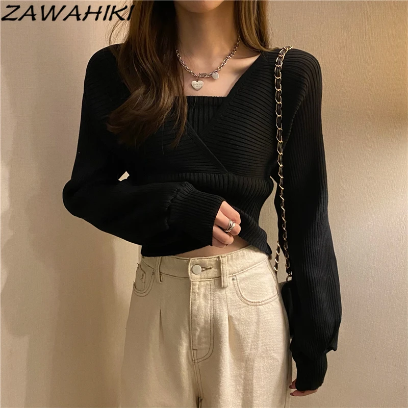 

ZAWAHIKI Elegant Fashion Fake 2pcs Sweater Women Autumn Sexy Off Shoulder Long Sleeve Short Tops Solid Inside Knitted Pullover