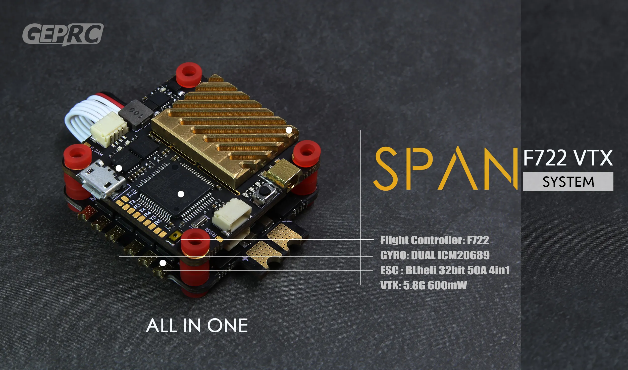 Новое поступление GEPRC SPAN-F722-VTX BLheli_32 50A ESC F722 управление полетом Betaflight 50A BLHELI-S 4в1 ESC 600 мВт VTX для дрона FPV