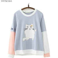 women hit color patchwork sleeve sweatshirt cute patch funny cat embroidery o neck long sleeve hoosies girl harajuku pullovers