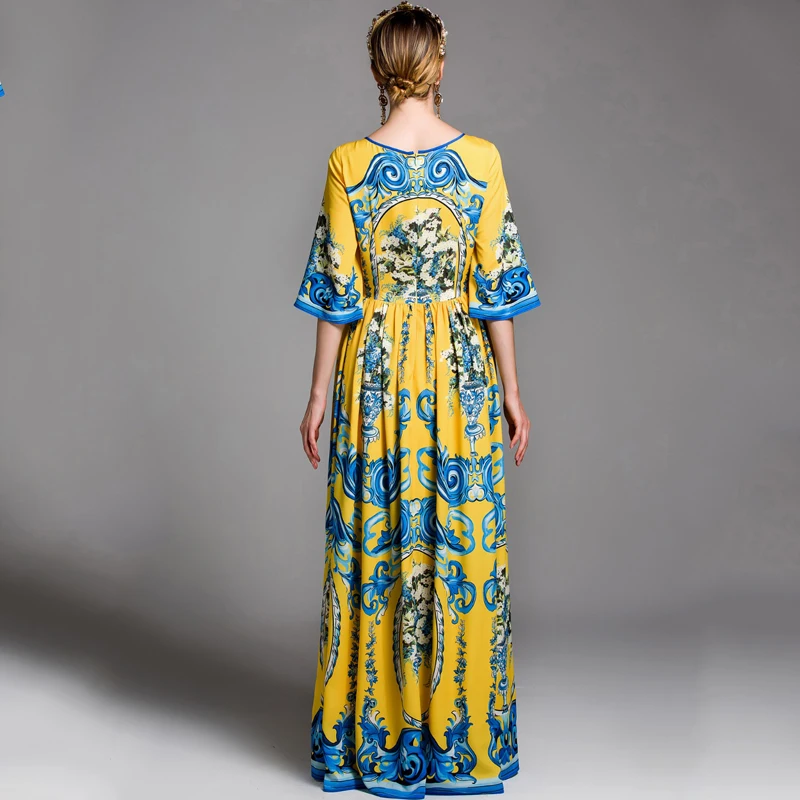 SEQINYY Long Dress 2020 Spring Autumn New Fashion Design Women Half Flare Sleeve Flowers Printed Vintage Elegant Yellow | Женская одежда