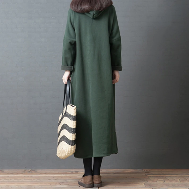 Осеннее модное женское платье с капюшоном длинным рукавом повседневное