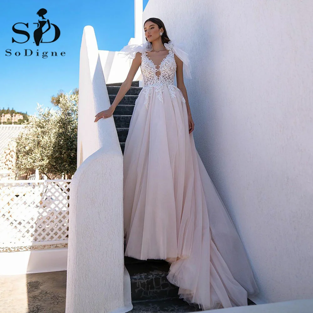 

SoDigne Boho Ivory Wedding Dress Sexy V Neck Lace Appliques Beach Bridal Dress Vintage Illusion Tulle Wedding Gowns Custom