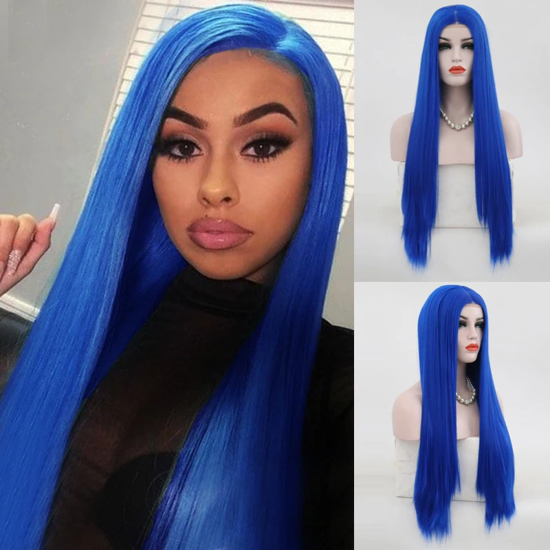 Женский парик из длинных прямых синтетических волос Charisma синий спереди с