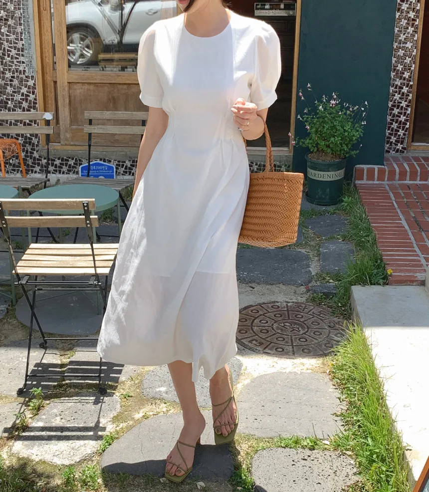 

Summer Women Dress Korean Style Slim Waist Knee Length Office Lady Elegant Midi Vestidos