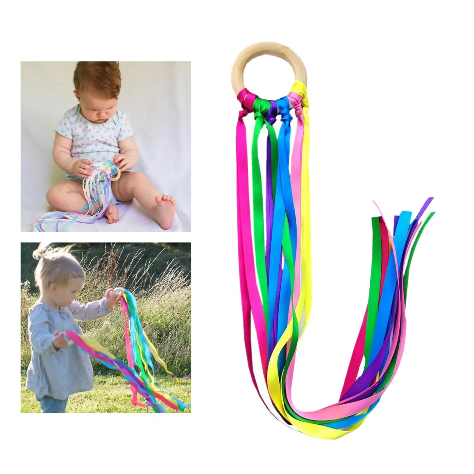 Baby Sensory Tow Rainbow Ribbon Rings Teether Pram Toy for Infant Early Development
