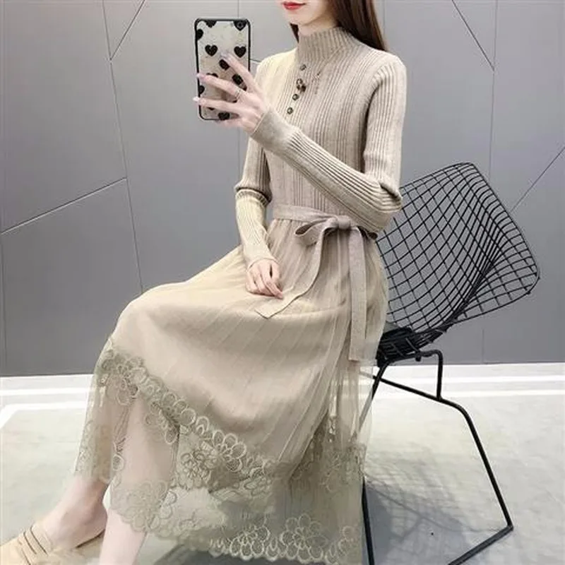 

2021 autumn winter new fairy lace solid color knitted sweater skirt ladies mid-length red dress with a bottoming shirt thickened