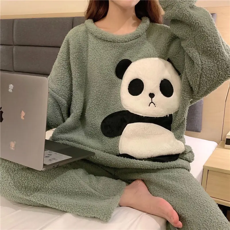 QWEEK Women Pajamas Solid Color Pocket with Bear Pijamas Warm Flannel Pyjamas Winter Home Clothes Kawaii Panda Embroidery Autumn