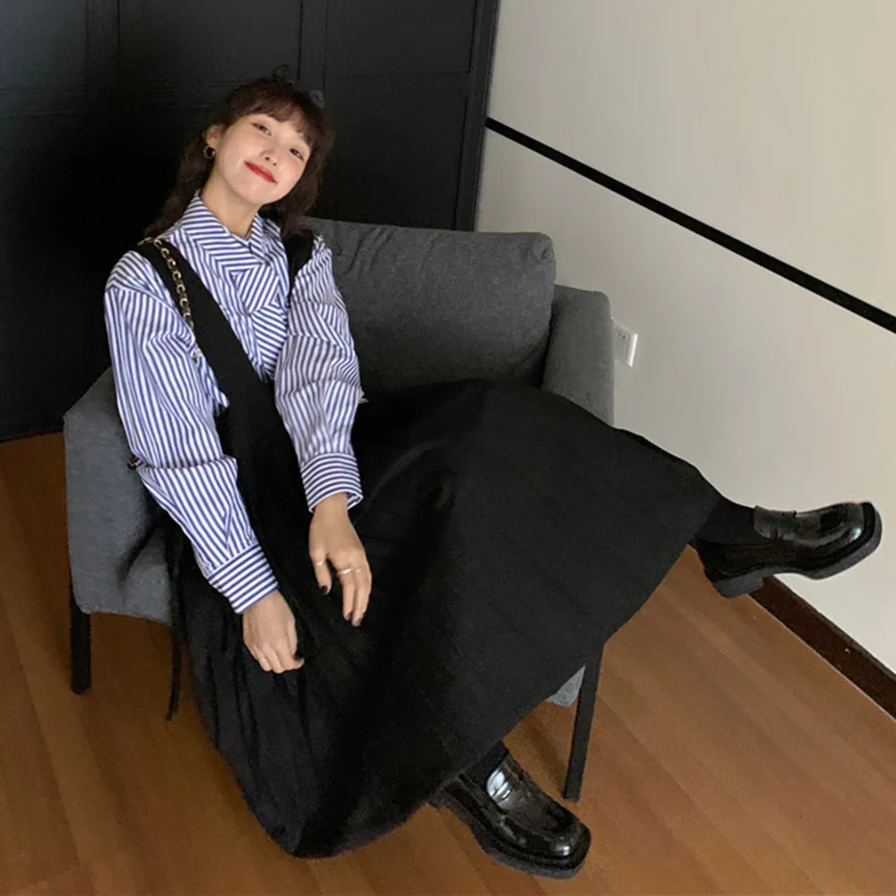 

Japan Style Two Piece Sets Spring Autumn New Korean Fashion Loose Casual Retro Simple Stripe Tie Pleated Long Sleeve Lapel 2021