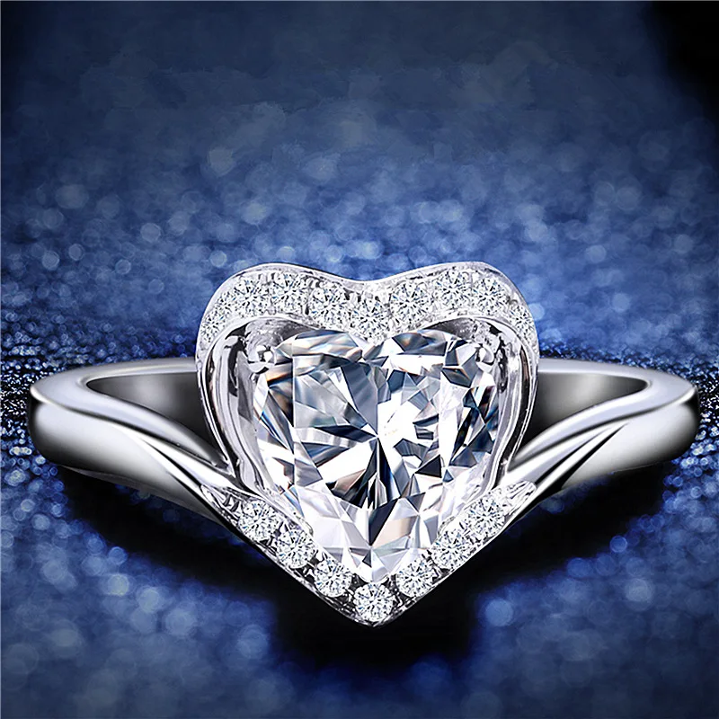 

100% Silver Plated Ring For Girl Bride Wedding Bijou Bright Crystal Heart Rings Lady Promise Accessories Fashion Women Jewelry