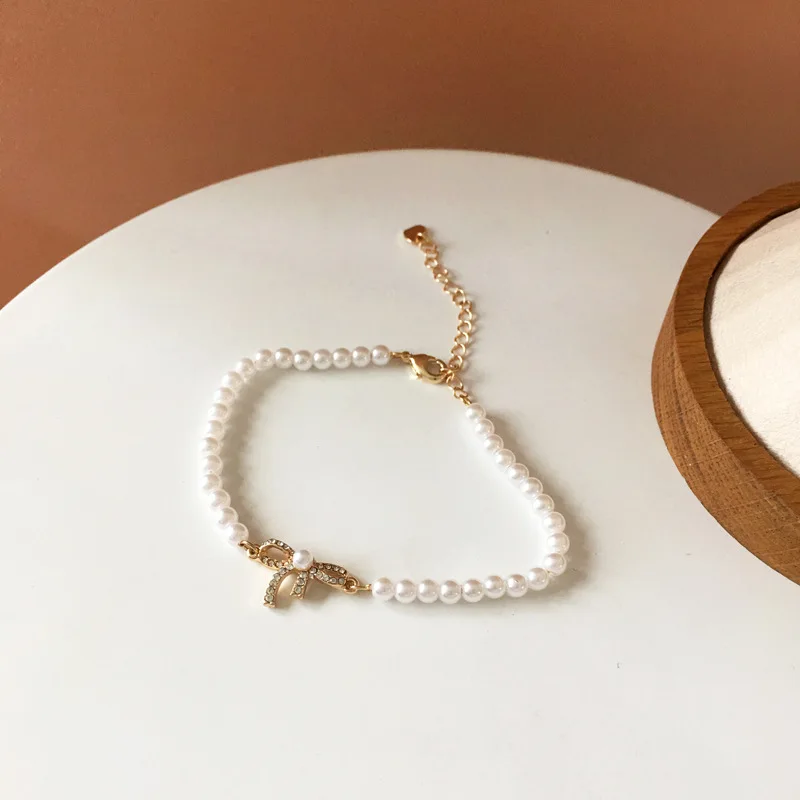 

V-518 New Girl Bowknot Bracelet Fairy Aesthetic Pearl Bracelet Personality Shiny Diamond Bracelet Bracelet