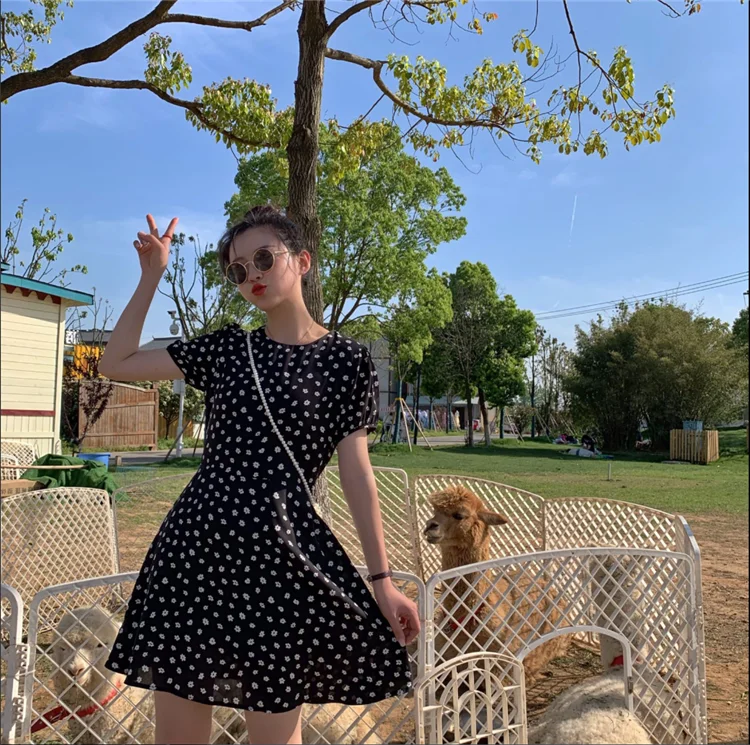 Женское шифоновое мини-платье милое черное платье с круглым вырезом и цветочным