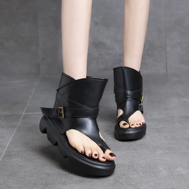 

ICCLEK 2021 Roman Shoes Platform Sandals Belt Buckle Rear Empty Casual Retro Leather High Top Sandals Sandals for Women Shoes