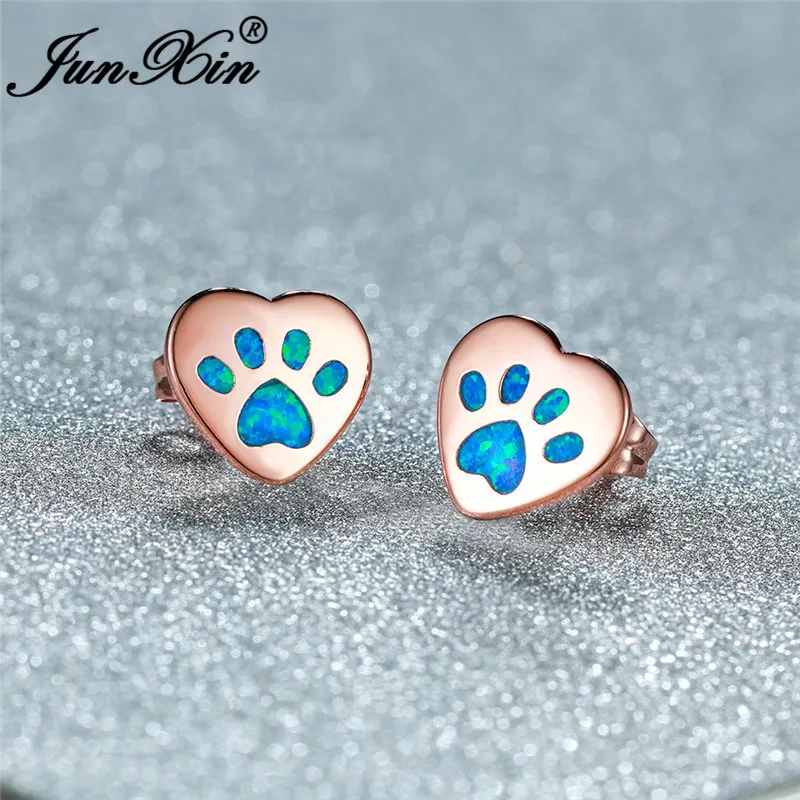 Rose Gold Blue Opal Сине-белые огненные опаловые серьги-гвоздики в виде животных, медведя, кошки, собаки, лапы для женщин и мужчин, 925 серебро, розовое золото, серьги в виде сердца, свадебные ювелирные изделия, Cz - Окраска металла: Rose Gold Blue Opal