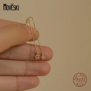 MOVESKI 925 Sterling Silver Oval Zircon Hollow Star Tassel Stud Earrings Women Korean Style Shiny Jewelry Gifts