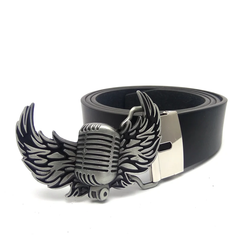 Fashion Men's Belts Brand Black PU Leather Punk Rock Flying Wings Microphone Music Metal Belt Buckle For Men Pants Jeans Gifts
