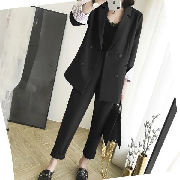 

Women Double Breasted Oversize Blazer Set Office Business Suit 2-Piece Pantsuit Elegant Blazer Pants Set Women Casual Pant Suits