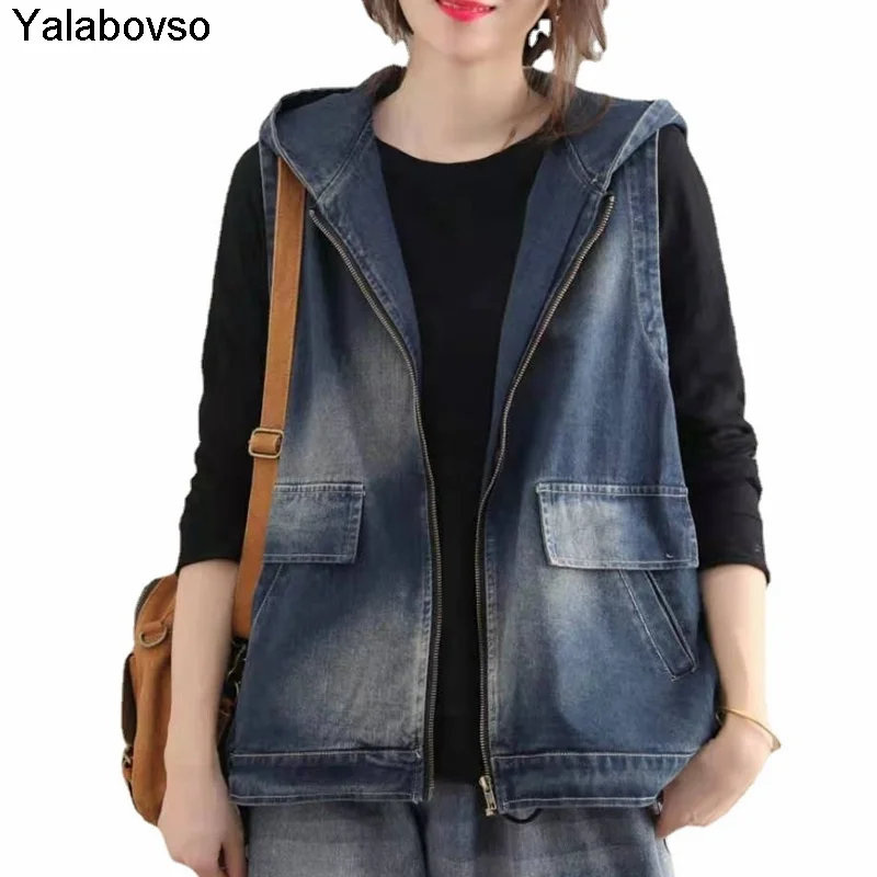 Autumn And Winter 2021 New Denim Hooded Vest Casual Loose And Retro Black Blue  Zipper Cowboy Jacket Women Fashion Waistcoat compatible new black and blue spindle