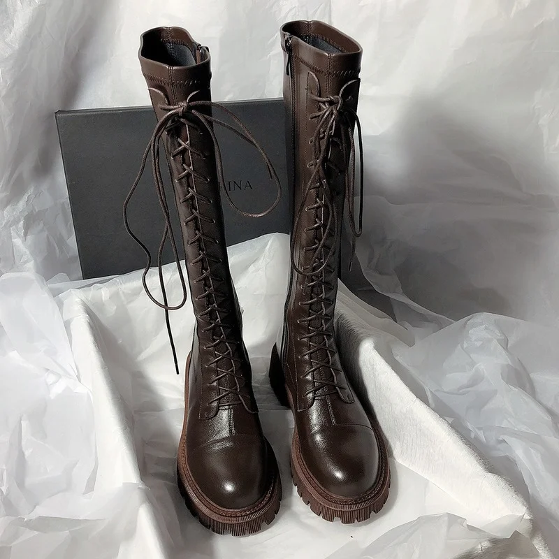 

Новинка Осень-зима, черные, коричневые кожаные женские длинные сапоги на платформе, модные привлекательные сапоги на толстом каблуке, женск...