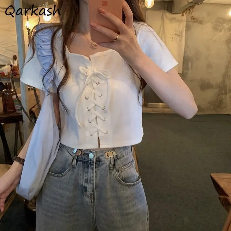 

T-shirts Women Short Sleeve Tops Fashion New Lady Simple Slim All-match Mujer Camisetas Bandage Design College Summer Oversized