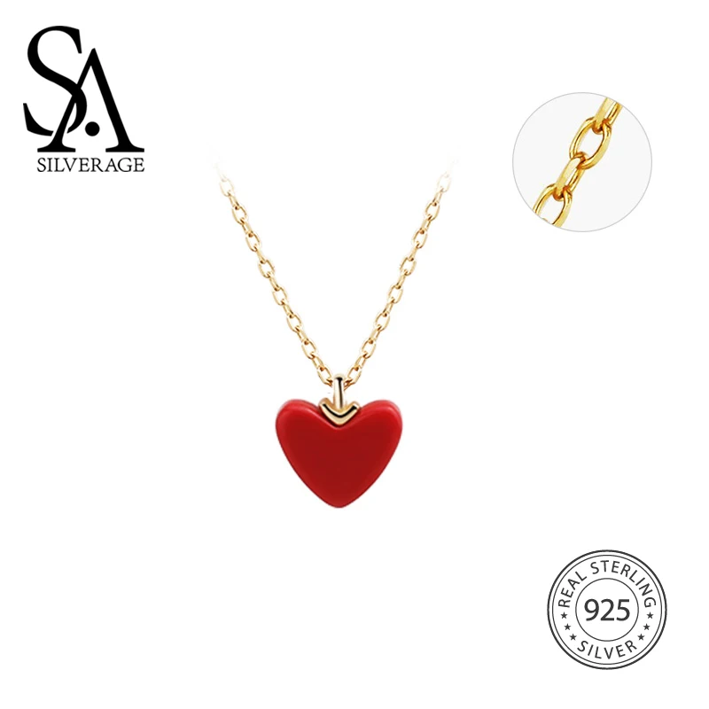 

SA SILVERAGE 18K Necklace Sterling Silver Heart Chain Women Give Birthday Gift 925 Sterling Silver Pendant Necklaces Gold Chain