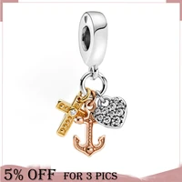 925 sterling silver bead triple tone cross heart anchor dangle charms fit original pandora bracelet women spring jewelry gift