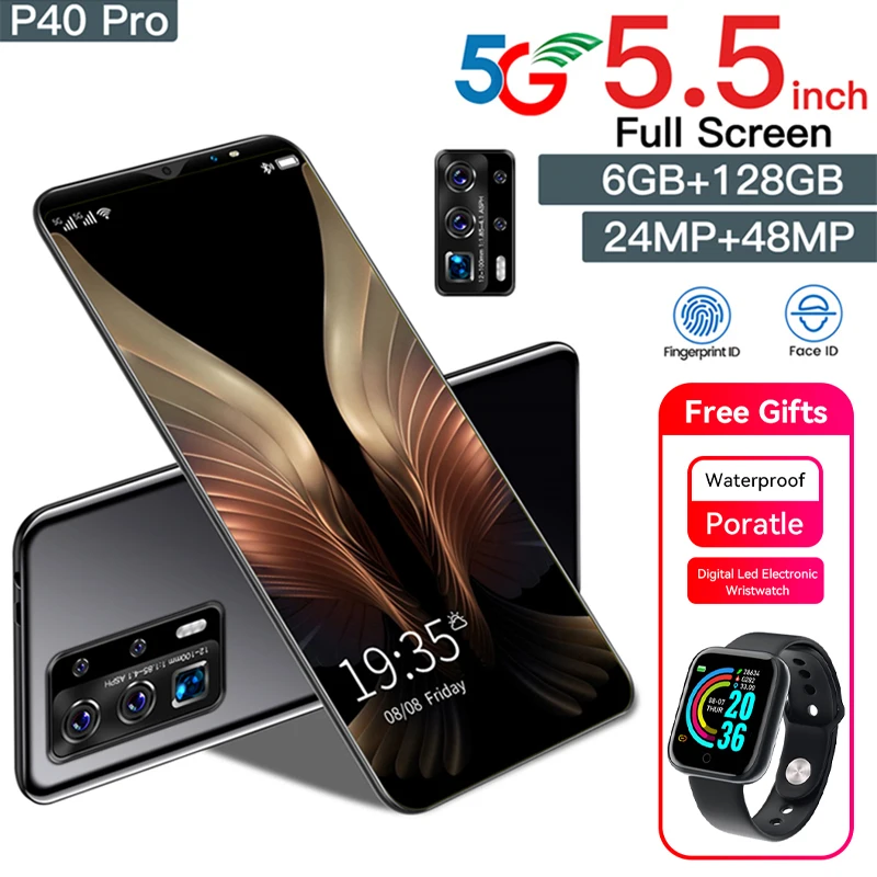 

Galxy P40 Pro 5G Smartphone 6+128g 5.5 Inch Screen Android 10.0 Cellphone 24+48MP 10 Core Unlock Mobilephone 4800mAh Battery