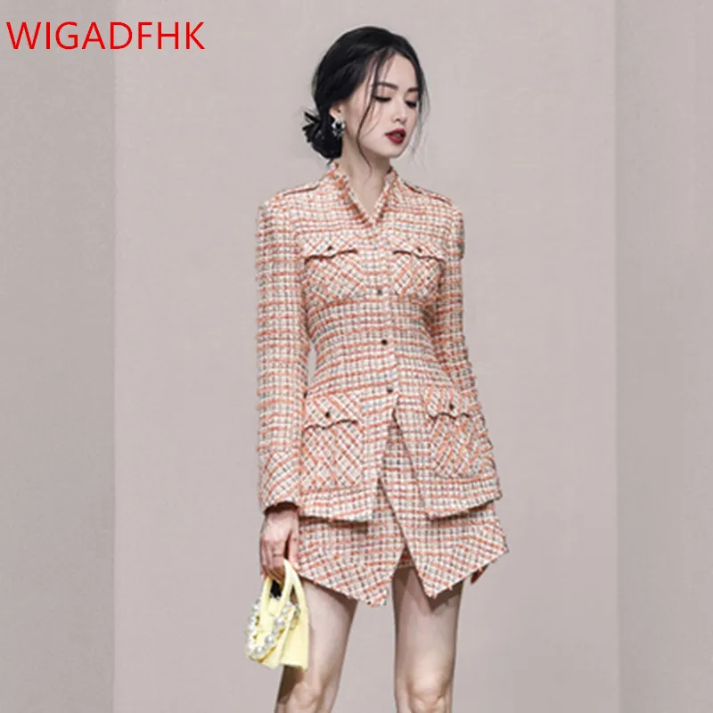 

Женский твидовый костюм с короткой юбкой-брюкой, асимметричный костюм из двух предметов в стиле ретро с короткой курткой с завышенной талие...