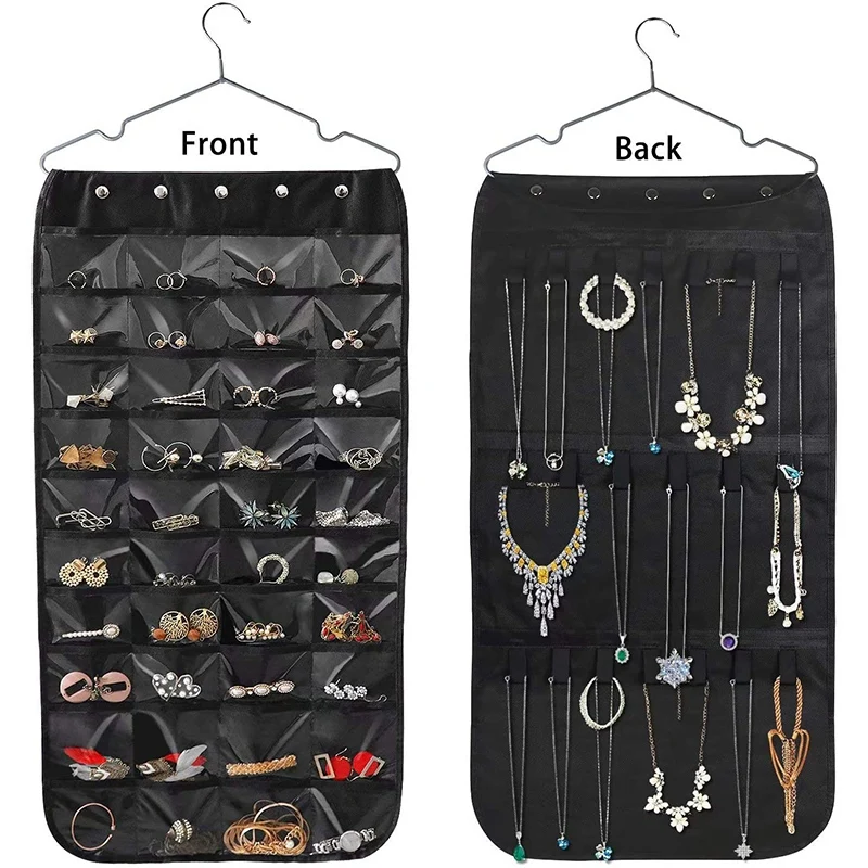 

Hanging Jewelry Organizer, Double Sided 40 Pockets and 20 Magic Tape Hook Jewelry Organizer, Necklace Holder Organizer
