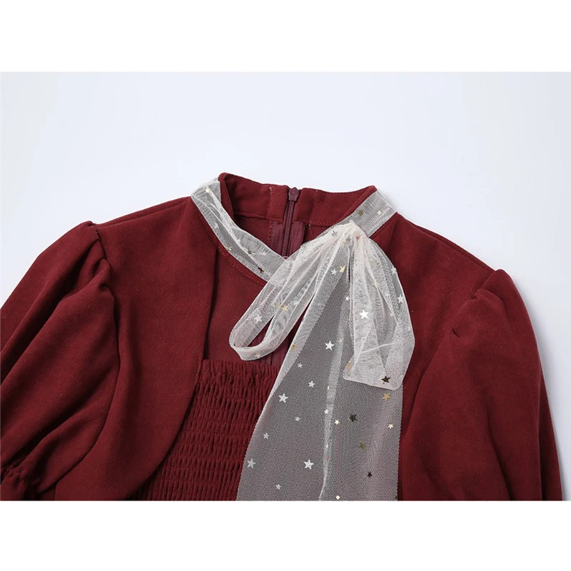 Бордовая женская блузка с пышным длинным рукавом сетчатая комбинированная