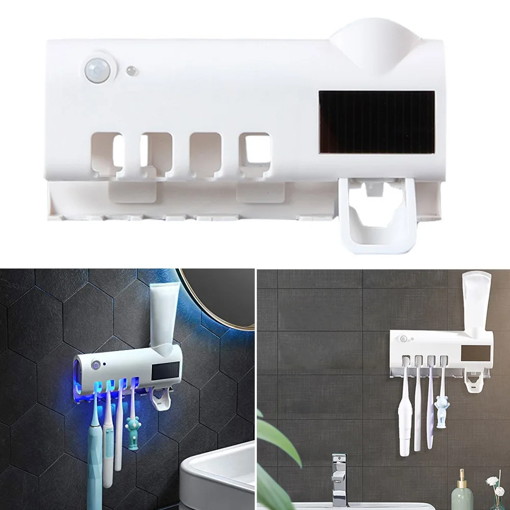 

New UV Toothbrush Sanitizer Holders Solar Powered Wall Mount with Toothpaste Dispenser SCI88