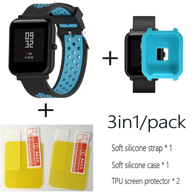 Black blue-Blue 3в1 Для Xiao mi Hua mi Amazfit Bit ремешок BIP PACE Lite Молодежные умные часы mi Fit braceket+ силиконовые полосы+ мягкий чехол+ 2 пленки для экрана - Цвет: Black blue-Blue