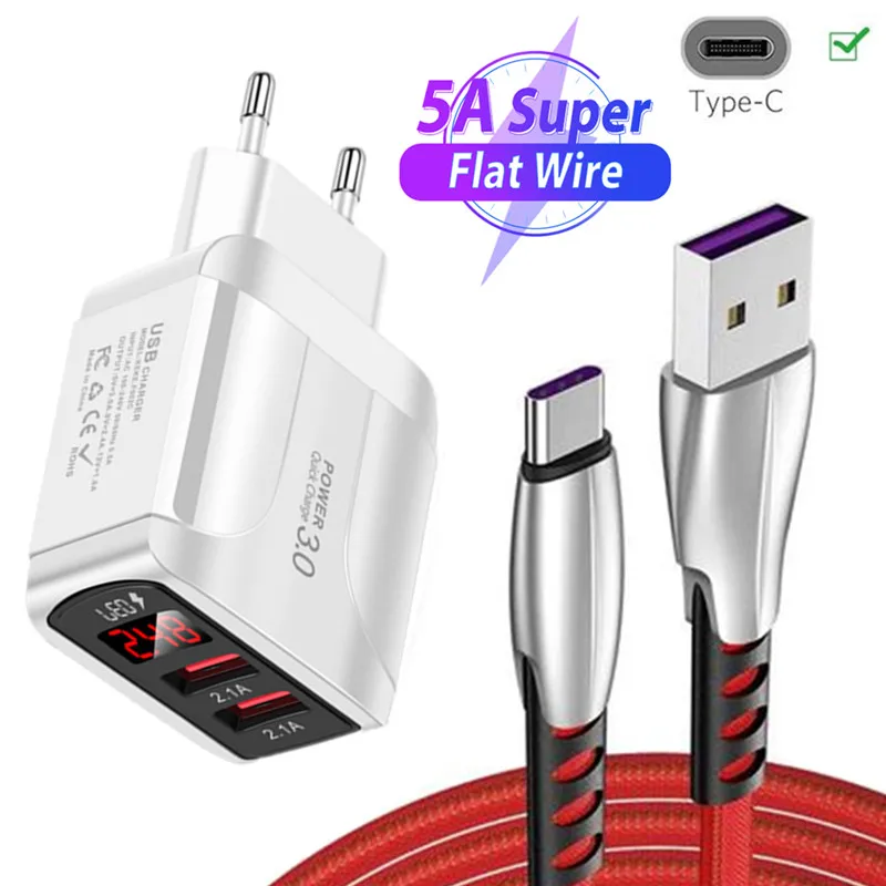 Кабель USB Type-C 5A для xiaomi poco m3 X3 mi 10 Huawei P20 USB-кабель быстрой зарядки и передачи данных