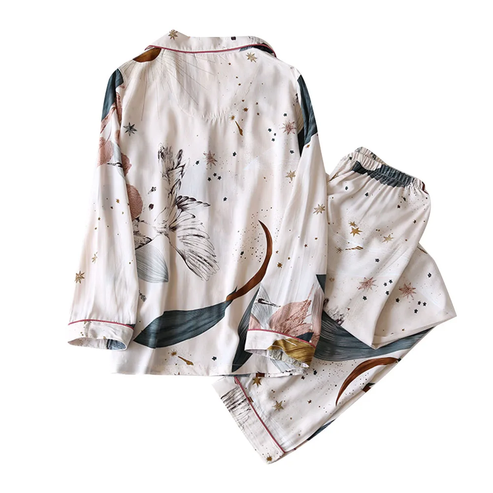 

Women Summer Pajama Set Long Sleeve Print V Neck Button Top+Loose Trousers Comfortable Home Clothes 2Pcs Sleepwear