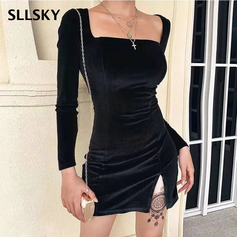

Sllsky Square Neck Velvet Split Dress Elegant Black Long Sleeve Slim Autumn Women Mini Dress Elegant Casual Vintage Cheongsam