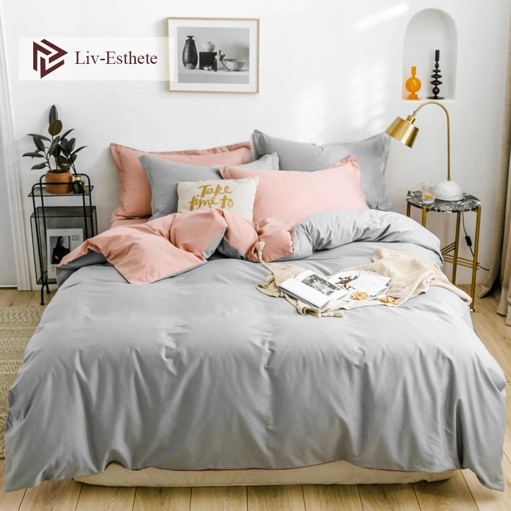 

Liv-Esthete Light Gray 100% Cotton Bedding Set Soft Duvet Cover Flat Sheet Double Queen King Bed Sheet Light Life Deep Sleep