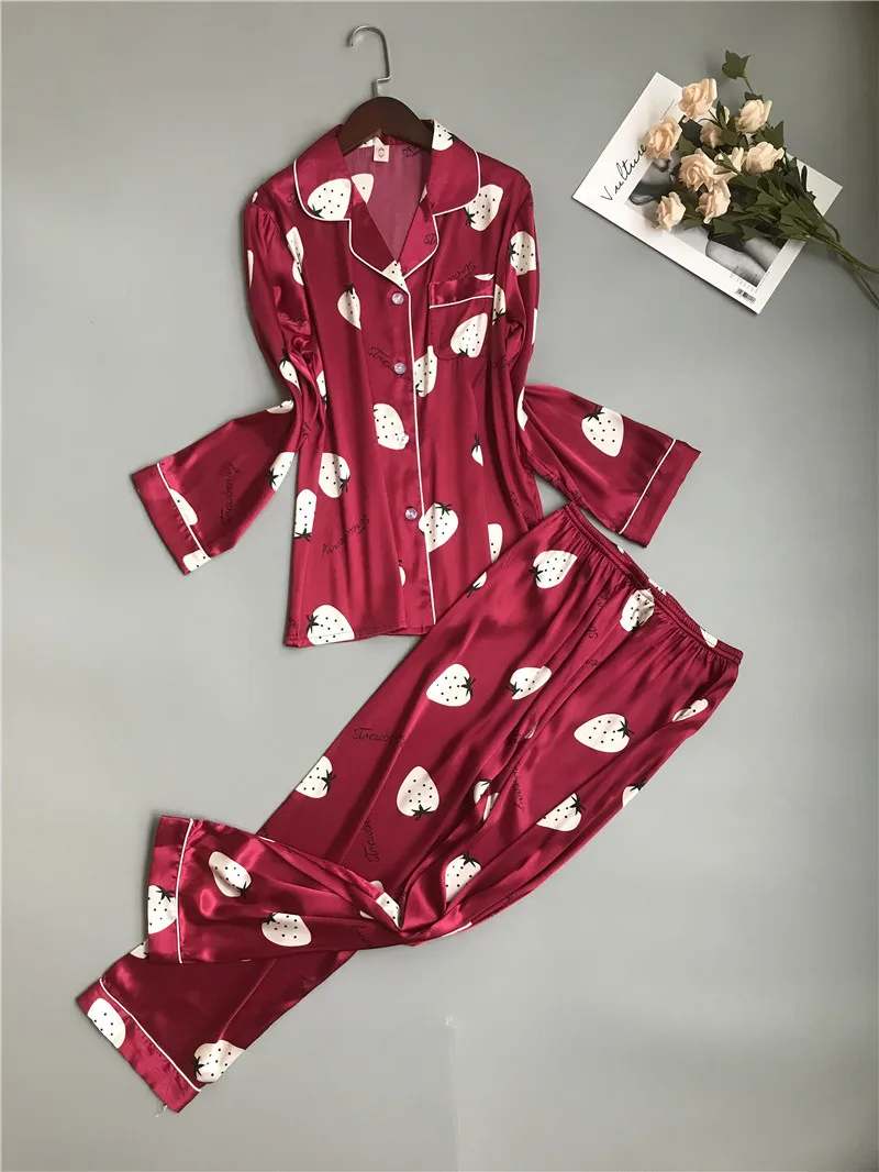 Пижама женская атласная с отложным воротником и длинным рукавом|Комплекты пижам|