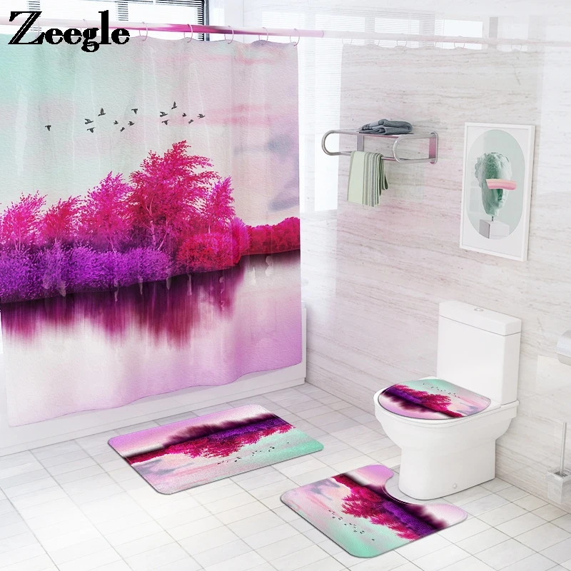 

Creative Scenic Printed Bathroom Carpet Rug Home Decor Bath Mat and Shower Curtain Set Anti-slip Floor Pad Bathroom Carpet Rug