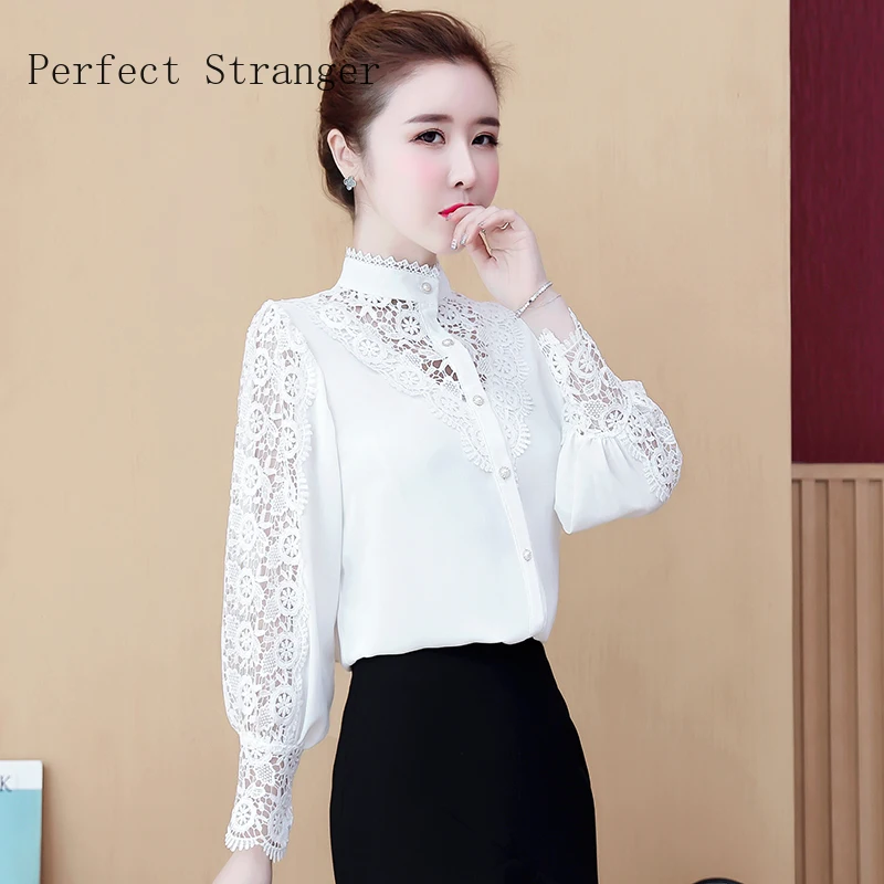 

2020 Spring New Arrival Leisure Stand Collar Lace Hollow-out Long Sleeve Women Chiffon Blouse