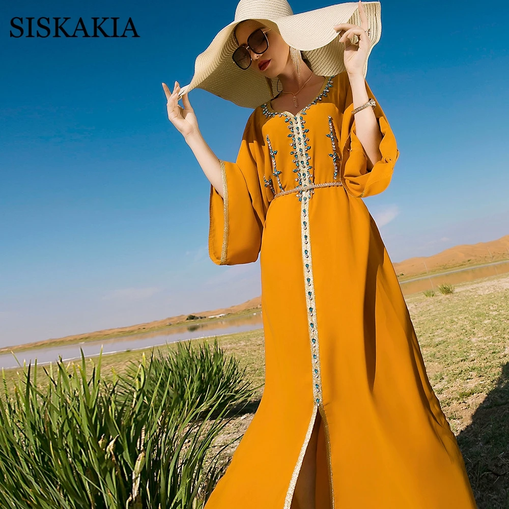 

Siskakia Loose Maxi Dress for Women Ins Dubai Travel Luxury Ethnic Manual Sewing Diamond Abaya V Neck Long Sleeve Morocco Robe