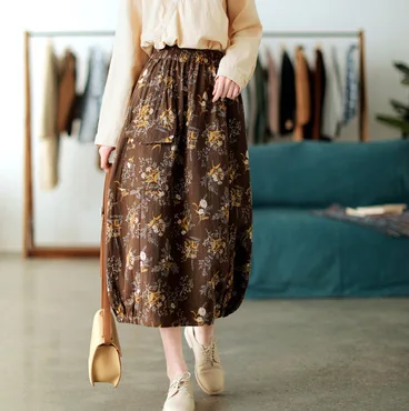

Printed cotton and linen skirts Retro Casual Japanese floral skirt Elastic waist pattern skirt spring Summer Women skirt