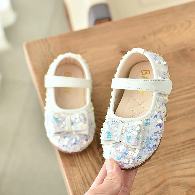 

Glitter Girls Leather Shoes Princess Kids Shoes 2020 Spring Autumn New Children Sequins Crystal Soft Sole Butterfly Knot Shoes