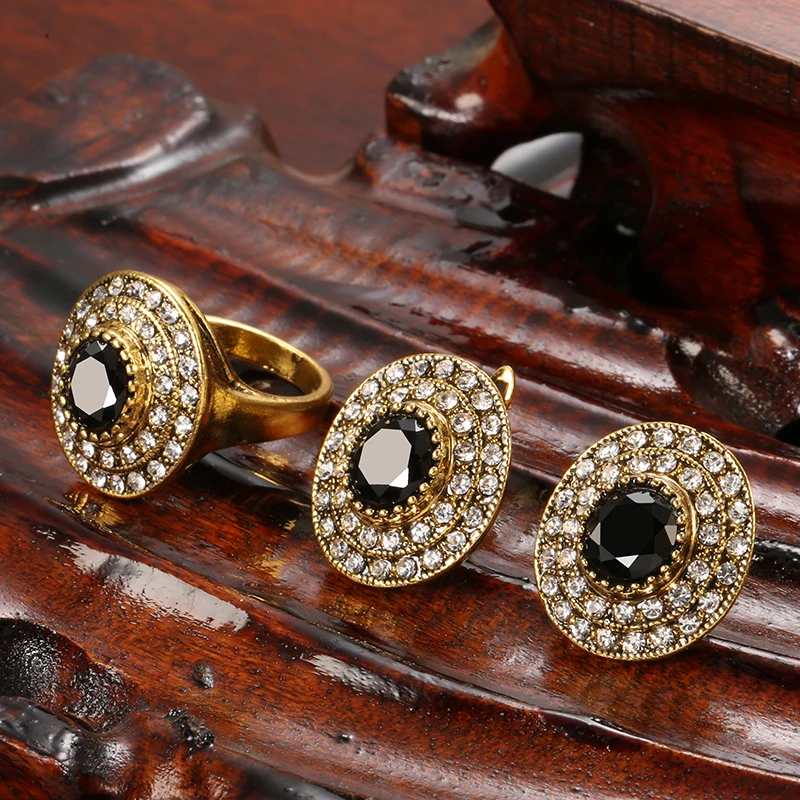 Kinel винтажные черные серьги и кольцо для женщин этнический Свадебный комплект