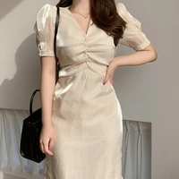 vintage fashion korean style maxi dress for women elegant summer ol chiffon ruffle solid v neck mermaid party plus size dresses