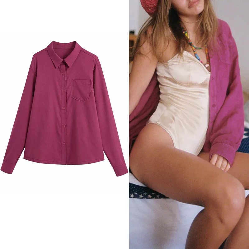 

TRAF Linen Shirt Za Button Up Blouses Women Casual Long Sleeve Shirts Woman Summer 2021 Collared Pockets Ladies Tops